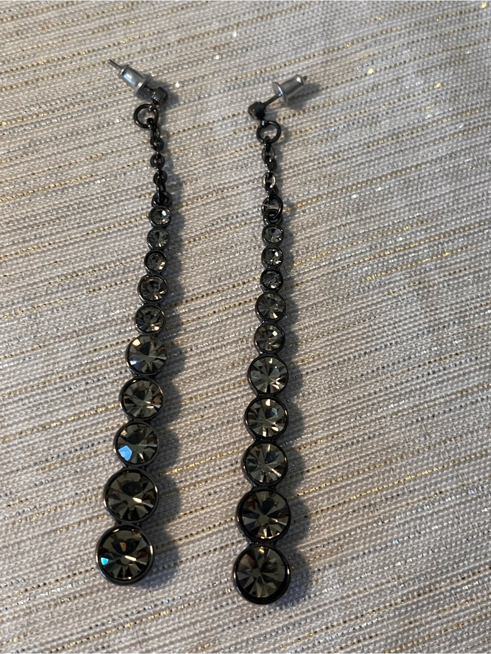 Dangle Pierced Earrings Matte Silver Several Rhinestones 3" Long Stick